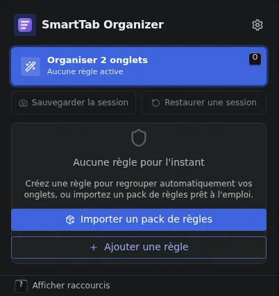 Popup de SmartTab Organizer au premier lancement, sans règle configurée.