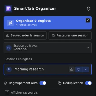 La popup de SmartTab Organizer avec ses profils epingles et son selecteur d'espace de travail.