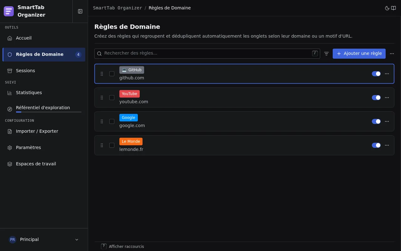 Page Options de SmartTab Organizer affichant une liste de règles de domaine.