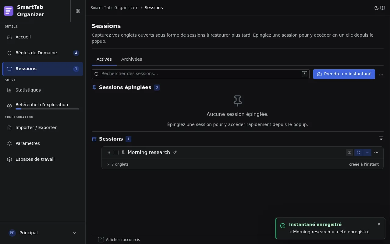 Liste des sessions de SmartTab Organizer avec un instantané enregistré.