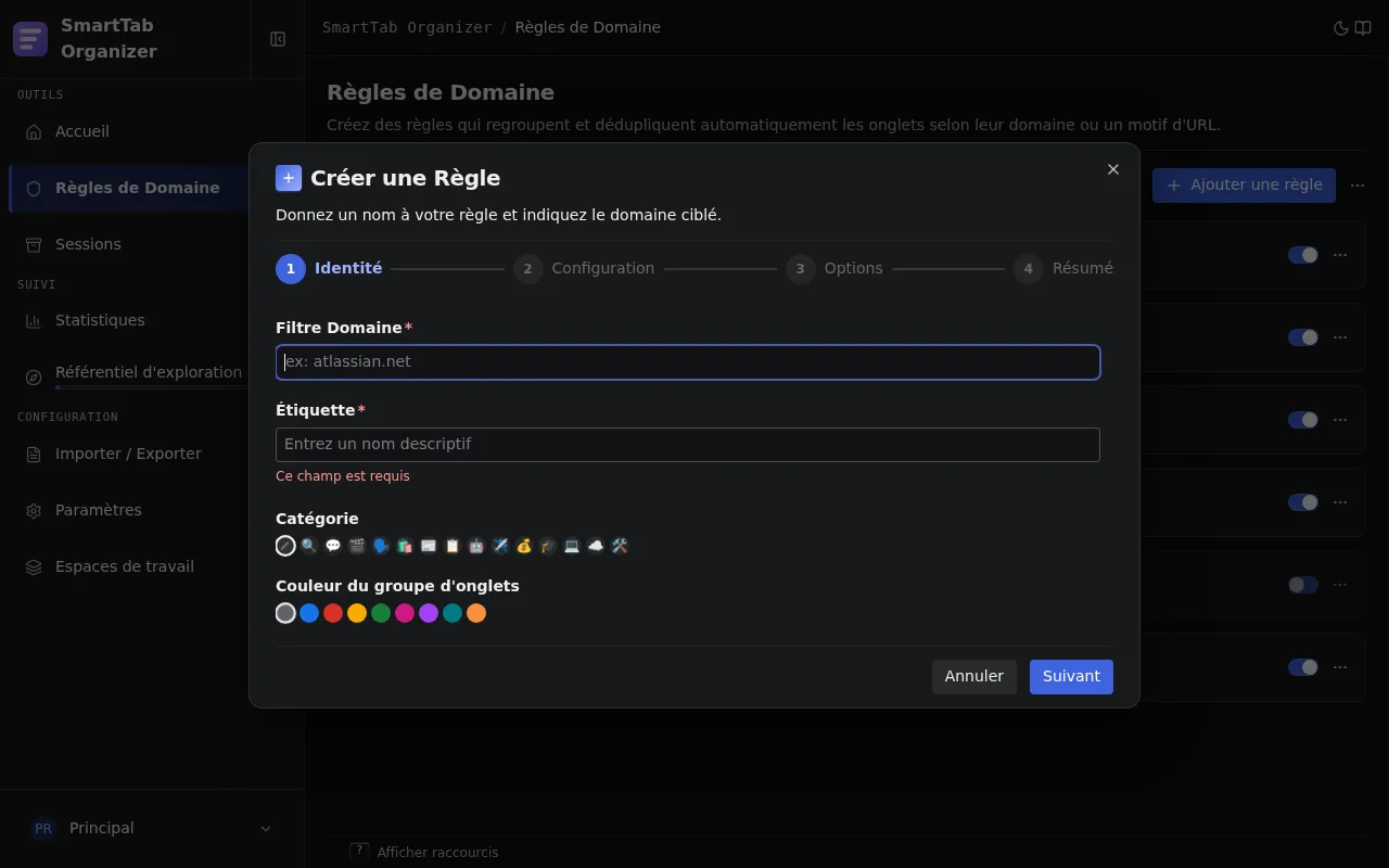 Étape 1 de l'assistant de création de règle : identité (domaine, label, catégorie).