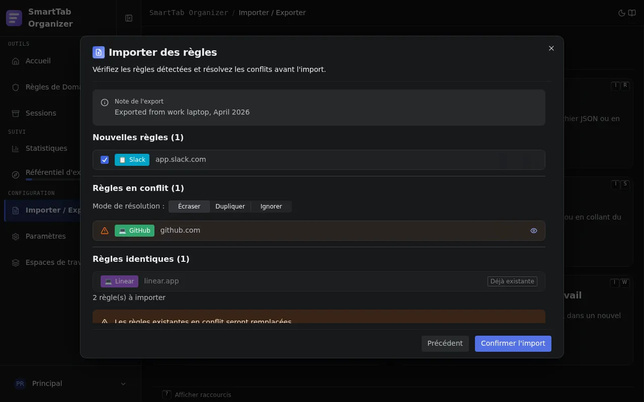 Résolution d'un conflit d'import : choix entre version existante et version importée, propriété par propriété.