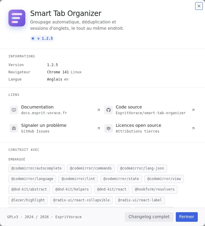 La boîte À propos affichant la version, les détails d'environnement, les liens utiles et les crédits open source.