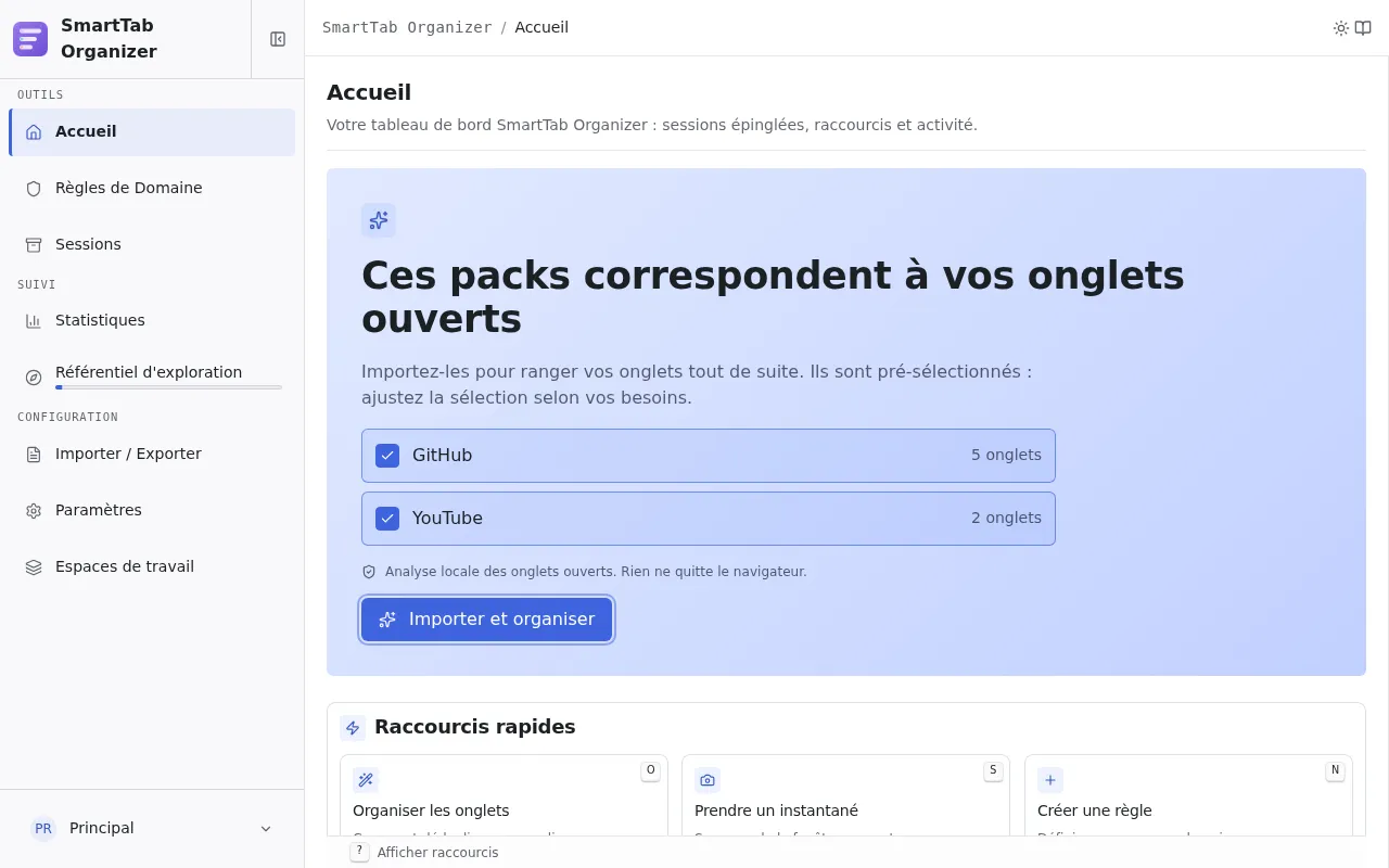 La page d'accueil en état d'onboarding : le Hero contextuel suggère les packs qui correspondent aux onglets ouverts, pré-sélectionnés, derrière un bouton Importer et organiser.