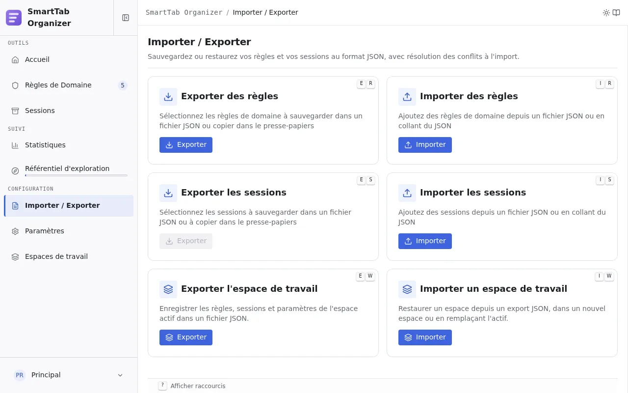 Page Import / Export avec ses six actions : exporter/importer règles, sessions et workspace.