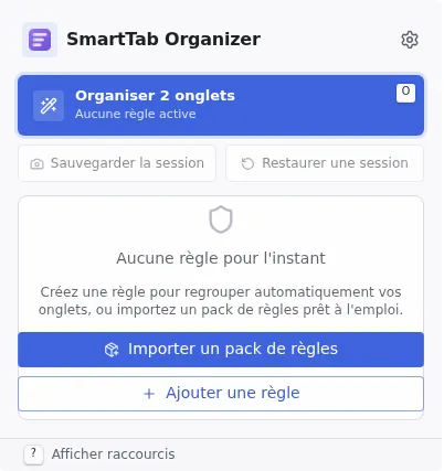 Popup de SmartTab Organizer au premier lancement, sans règle configurée.
