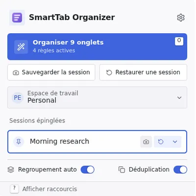 La popup de SmartTab Organizer avec ses profils epingles et son selecteur d'espace de travail.
