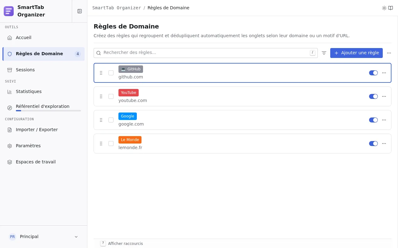 Page Options de SmartTab Organizer affichant une liste de règles de domaine.