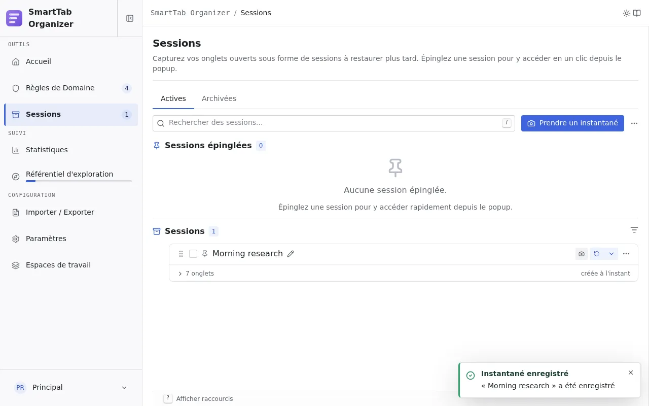 Liste des sessions de SmartTab Organizer avec un instantané enregistré.