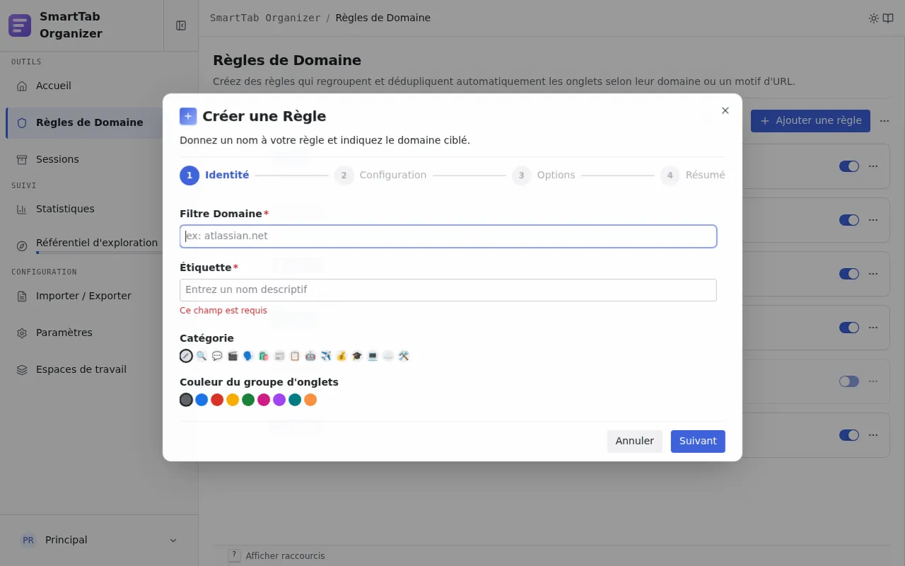 Étape 1 de l'assistant de création de règle : identité (domaine, label, catégorie).