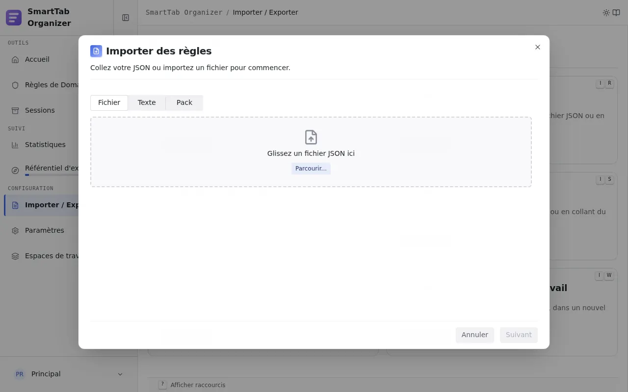 Wizard d'import : choisir entre fichier, texte collé ou pack.