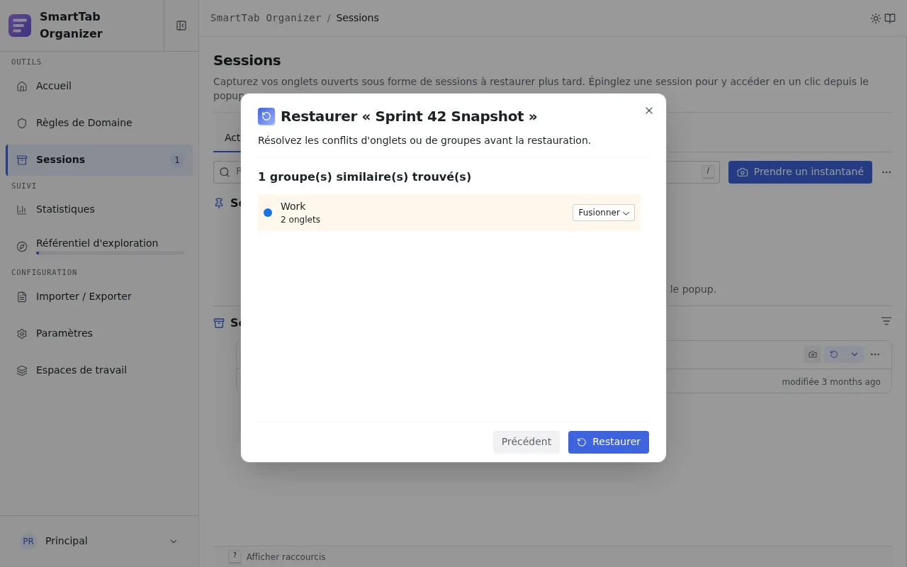 Wizard de restauration avec résolution de conflit, choix entre Restaurer, Ignorer, Remplacer.