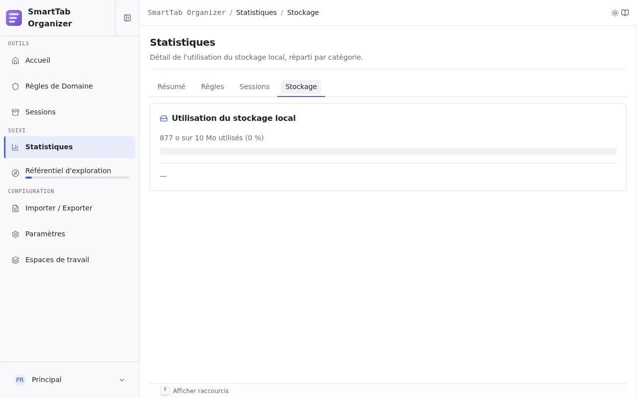 Sous-page Stockage des statistiques avec la barre de quota et la répartition par catégorie.